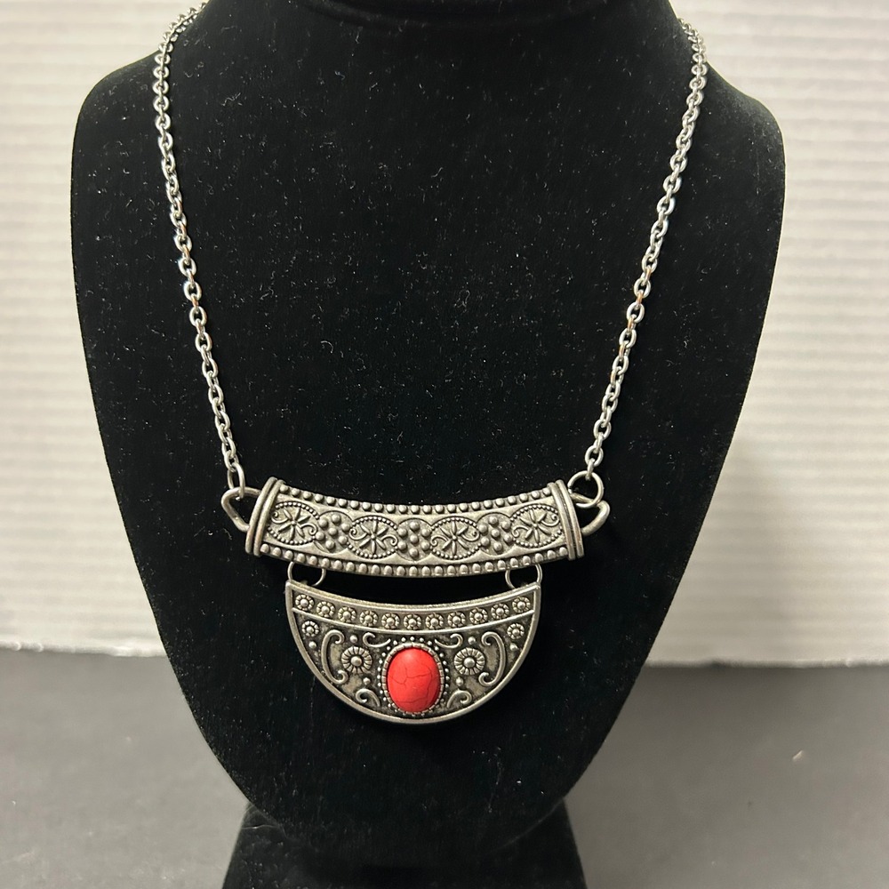 Bib Necklace Silver Red Boho Southwestern Simulated Coral